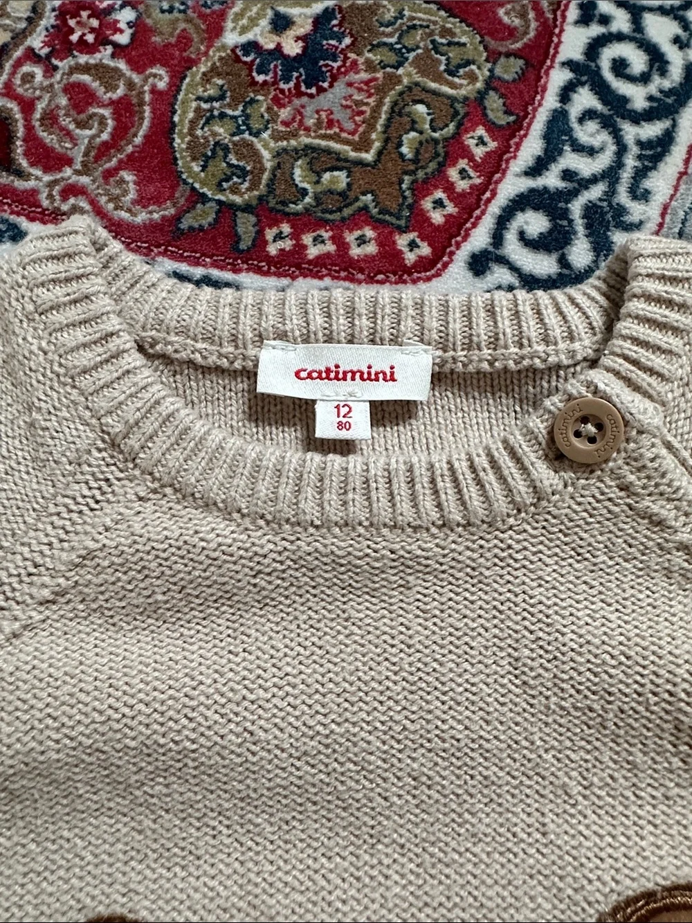 Catimini Beige Knit Baby Pullover with Shoulder Button
